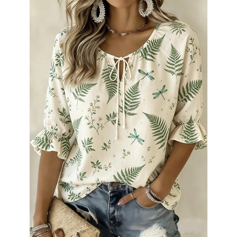 Women's Beige Floral & Butterfly Print Tie Neck Blouse, Casual Loose Tops for Spring Summer Daily Wear & Vacation Occasions