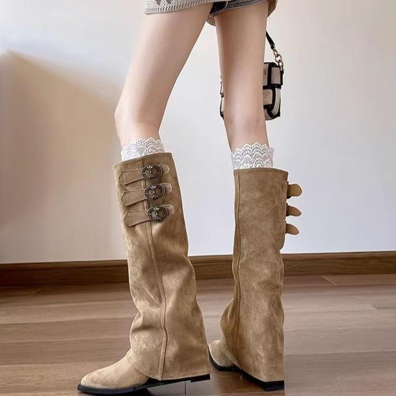 2026 Winter No Knee Long Pointed Pants with Belt Buckle and White Slope Heel Knight Boots