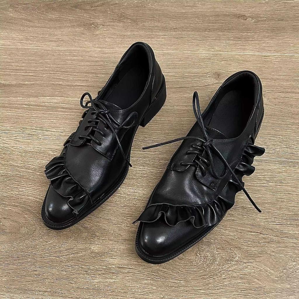 2025 spring fashionable European and American niche design original dark lotus leaf edge lace-up small leather shoes thick heel small single shoes wom