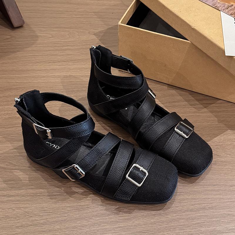 Fashion 2025 Flats Shoes Women Fashion Design Cross Tied Soft Sole Round Toe Zipper Comfortable Solid Dress Ballet Shoes Female Summer