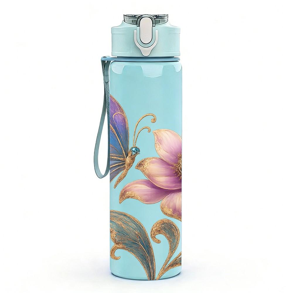 1PC Butterfly On Pink Peony Flower Print 750ml Color Plastic Sports Water Bottle Leakproof Flip Straw Lid Suitable for Sports Office Home Use
