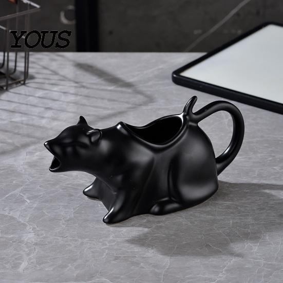 Contenitore per Cibo Liquido per Cucina a Forma di Gatto in Ceramica, Lattiera Carina da Gatto, Versatore per Panna Latte Sciroppo, Brocca con Statuetta Animale per Tavola da Pranzo,