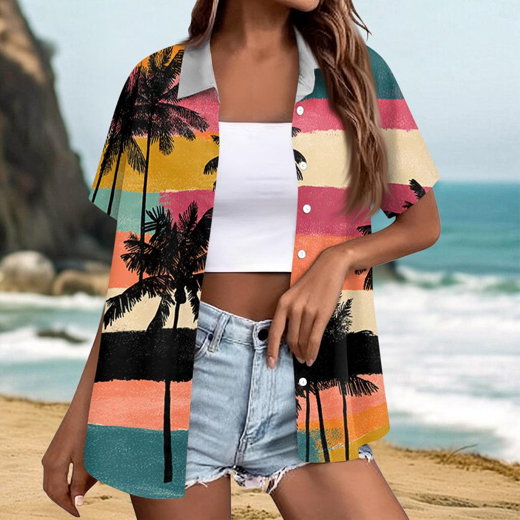 Women's fashionable casual Hawaiian print short-sleeved button-down collar shirt top