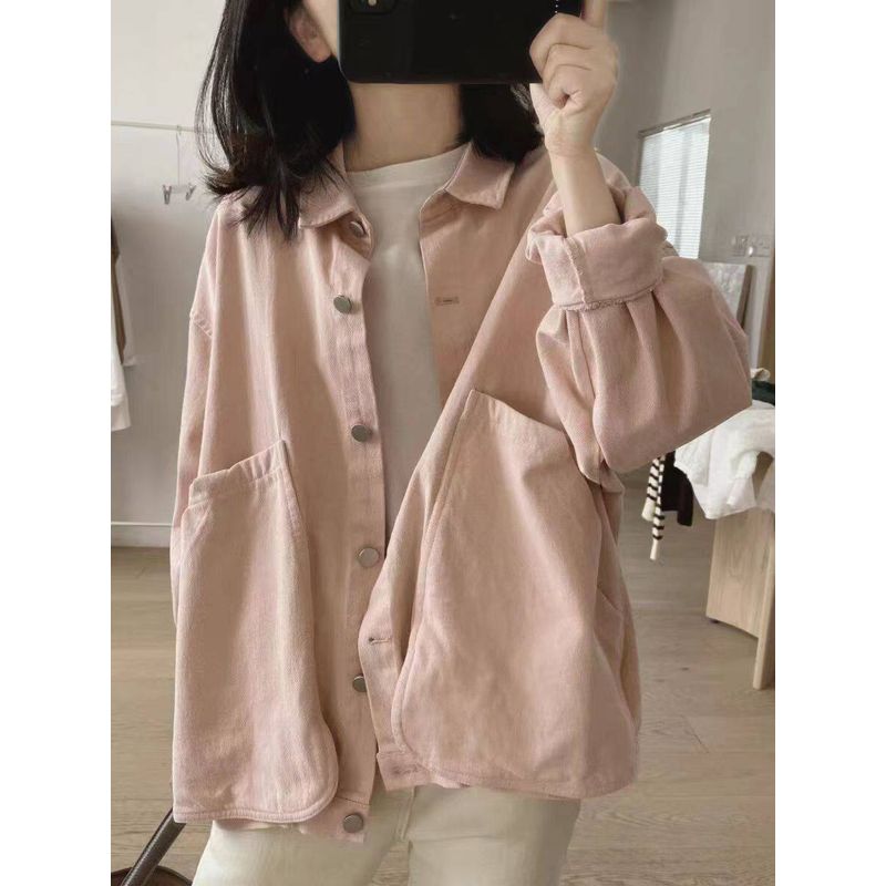 

Stylish Niche Style All Cotton Loose Slim Looking Long Sleeve Tooling Pink M [Recommendation 47.5-57.5kg]
