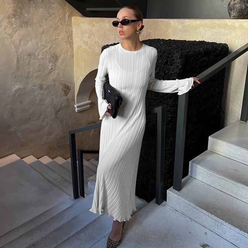 White Knitted Long Dress Women 2026 Spring New Long Sleeve Bandage Loose Casual Dress Streetwear Womens Vestidos