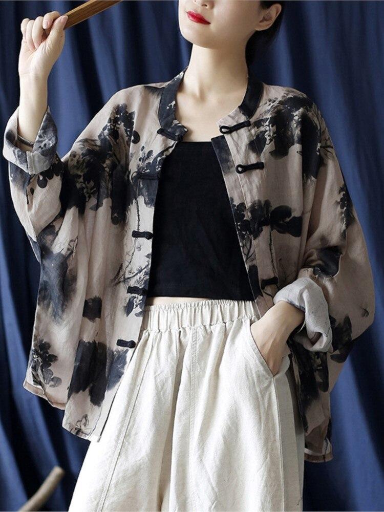 Johnature Camisas de ramio de estilo chino para mujer, Tops con botones de manga larga, blusas holgadas de otoño, camisas con estampado de lavado de tinta