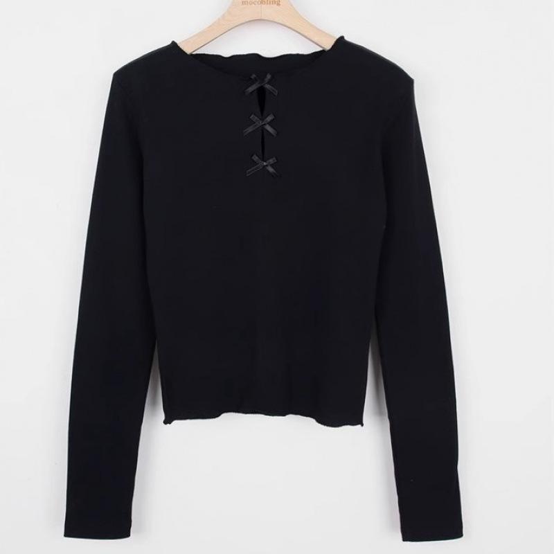 

Korean Women s Bow Tie Lace Sweet Slimming Ruffle Long Sleeve T-shirt One Size чорний
