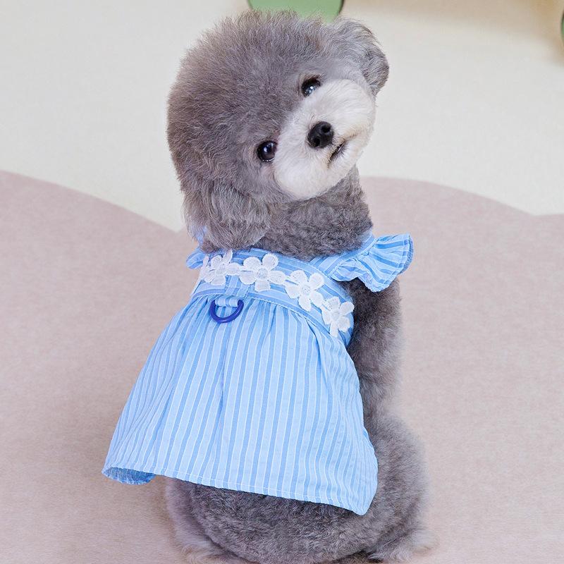 Korean version of pet small dog Teddy Pomeranian dog clothes princess traction spring and summer thin vertical strip doll skirt