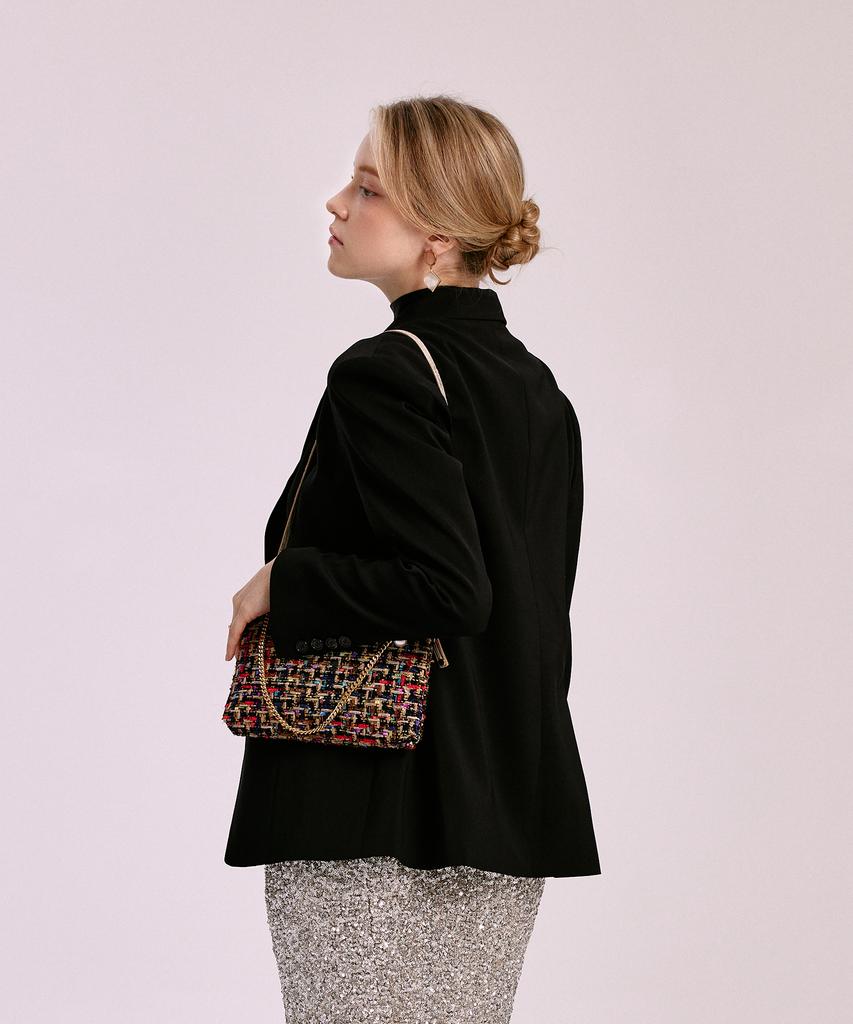 Jina In Ny 4-Way Top Zip Clutch Tweed Combo [Black Tweed]