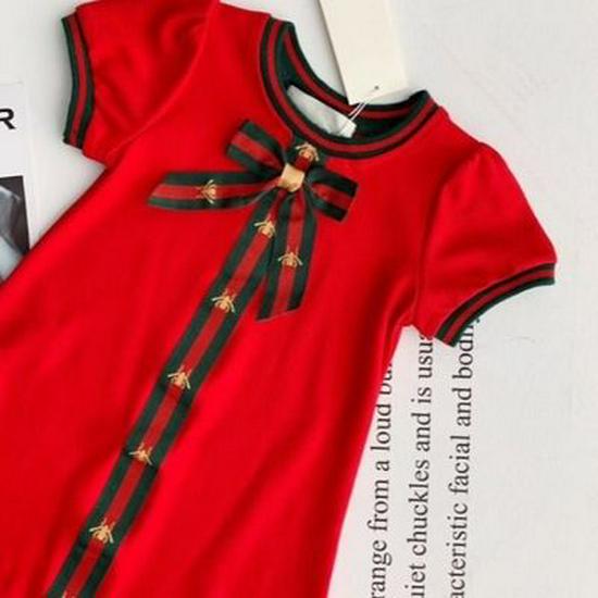 Letní dívčí bavlněné princeznovské šaty v korejském stylu s mašlí, s krátkým rukávem