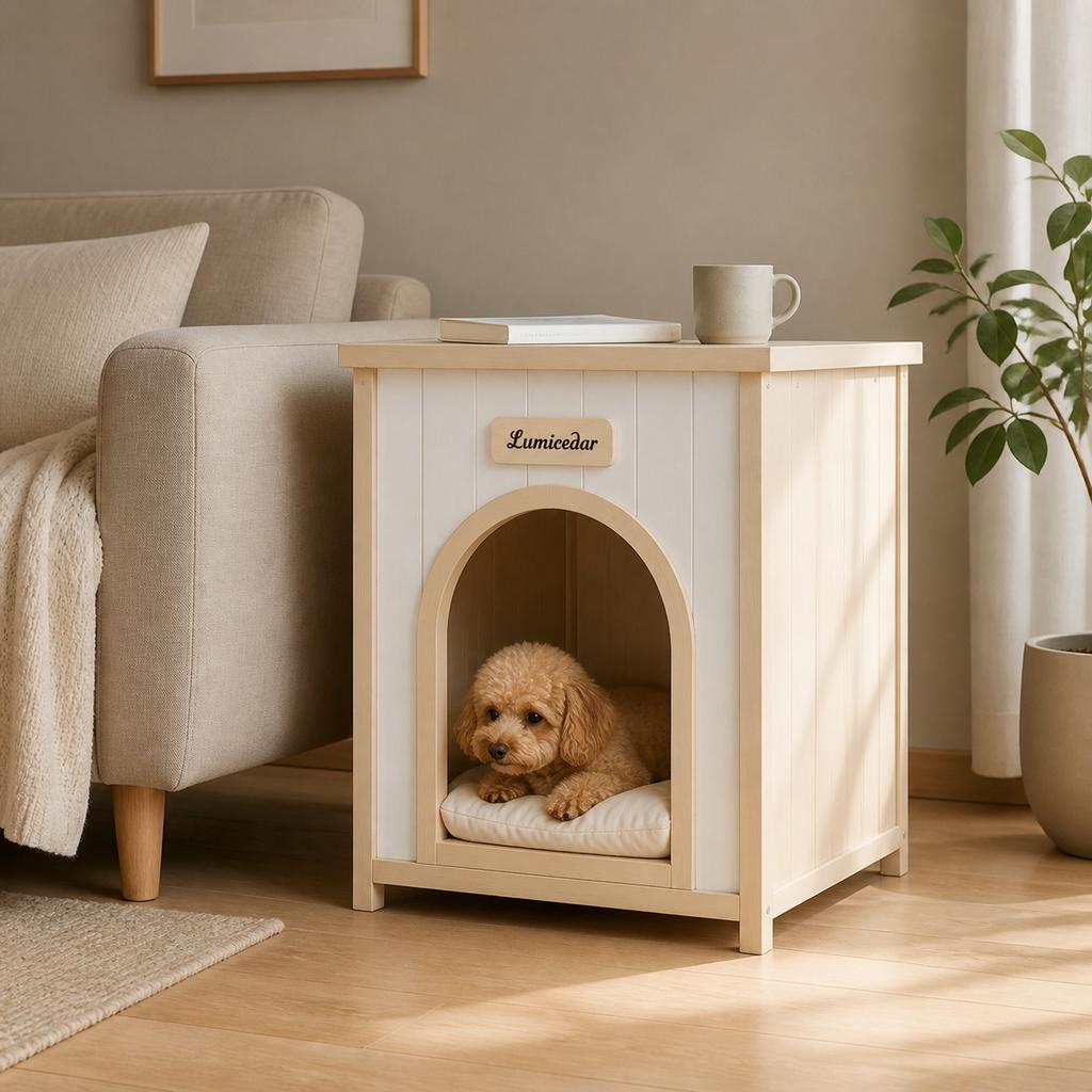 Wooden Dog Crate Side Table – FSC® Solid Wood Indoor Pet House Furniture for Small Dogs & Cats, Scandinavian Style End Table