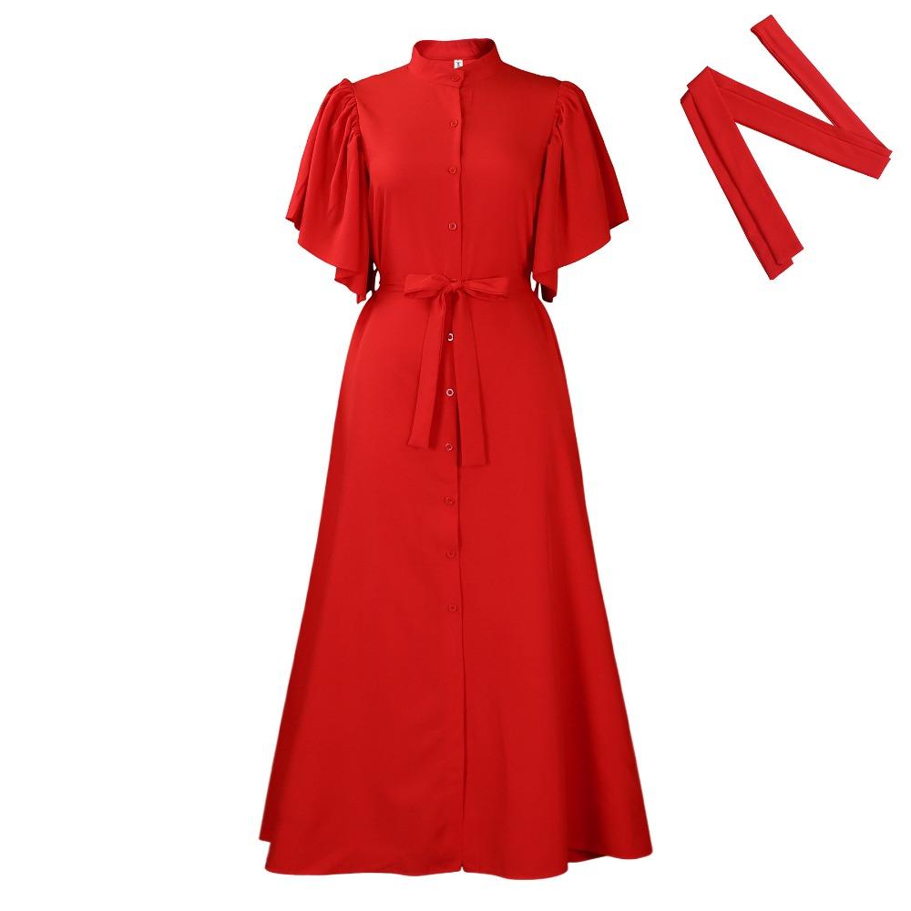 Women s Mandarin Collar Flutter Short Sleeve Maxi Dress LooseFit Mid Waist Elegant Solid A-Line Shirt Dress Polyester Spandex Belted Summer Long Dress S оранжевый