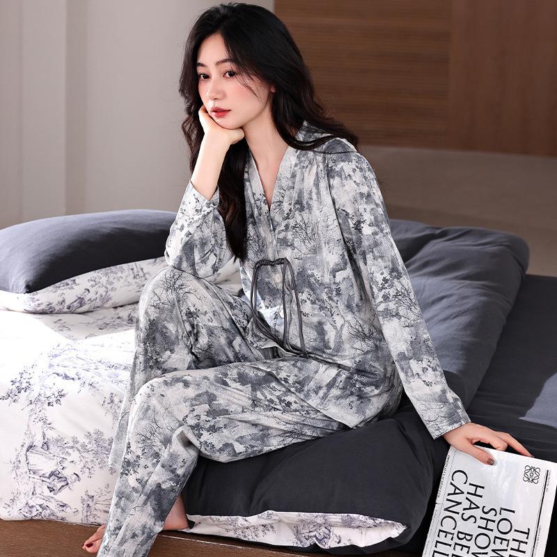 New Chinese Pajamas Women'S Spring And Autumn Pure Cotton Long-Sleeved Spring Thin Chinese Style Loungewear Cotton Set