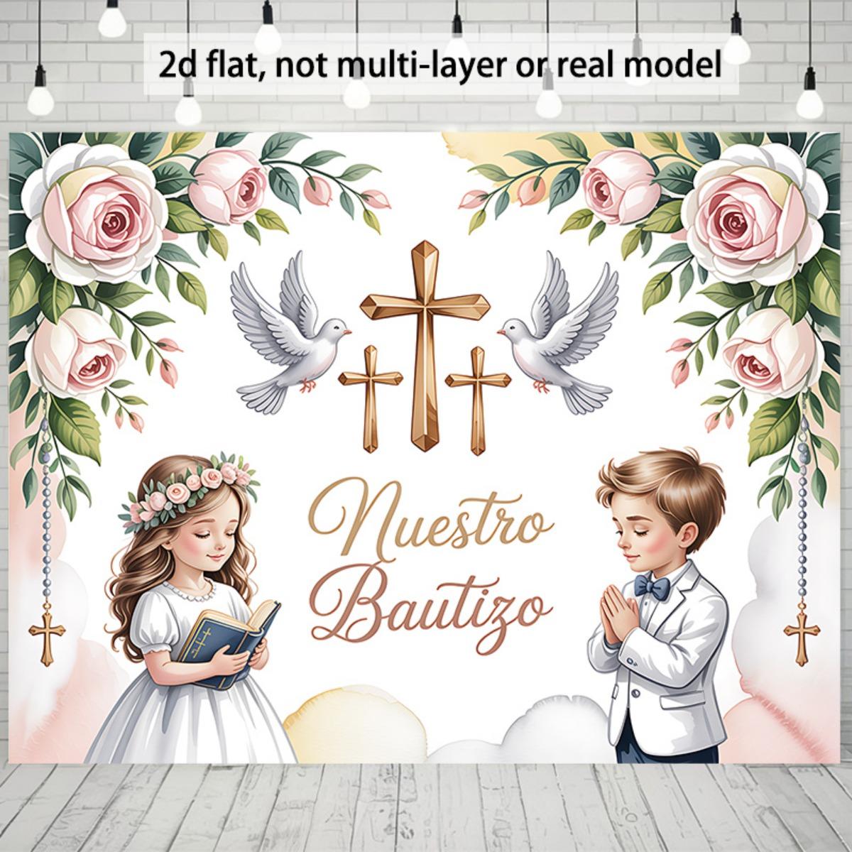 2D planar baptism banner, featuring doves and baptism decorations, with an elegant pink and gold floral cross design 100x150cm