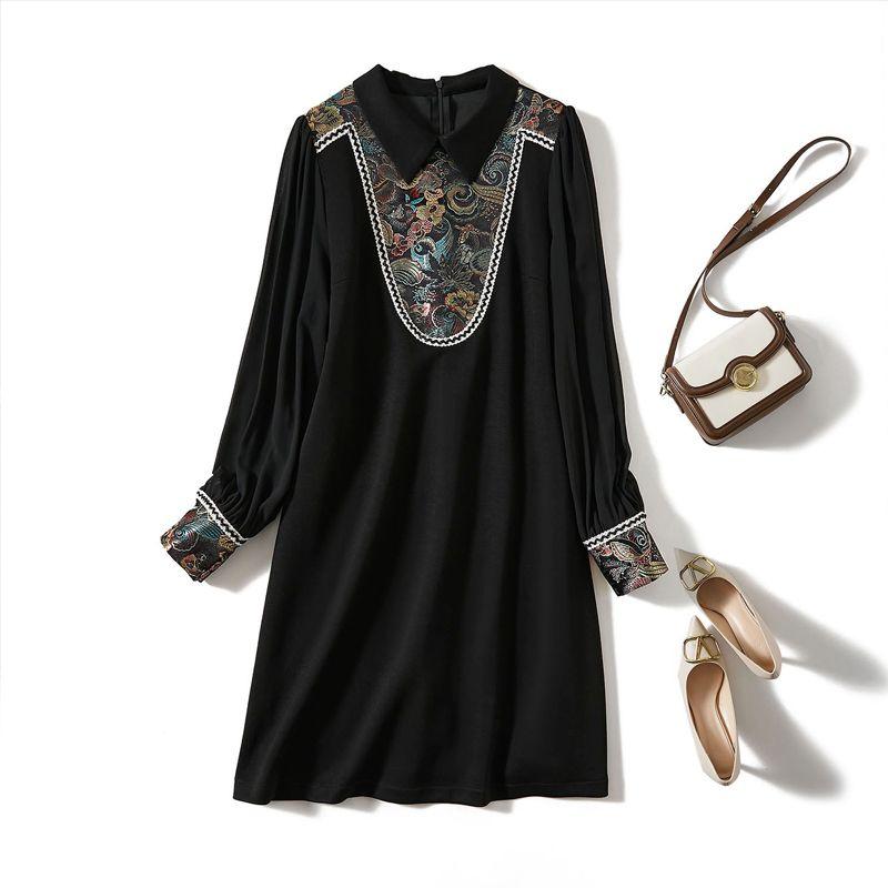 Classic Art Shirts Sleeve Skirt! Dry Commuting Women Small Lapel Satin Print Color Matching Cotton Dress