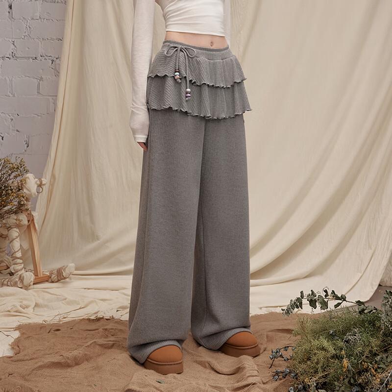 UNIFREE Plush Lined Skirt-Trim Wide-Leg Pants