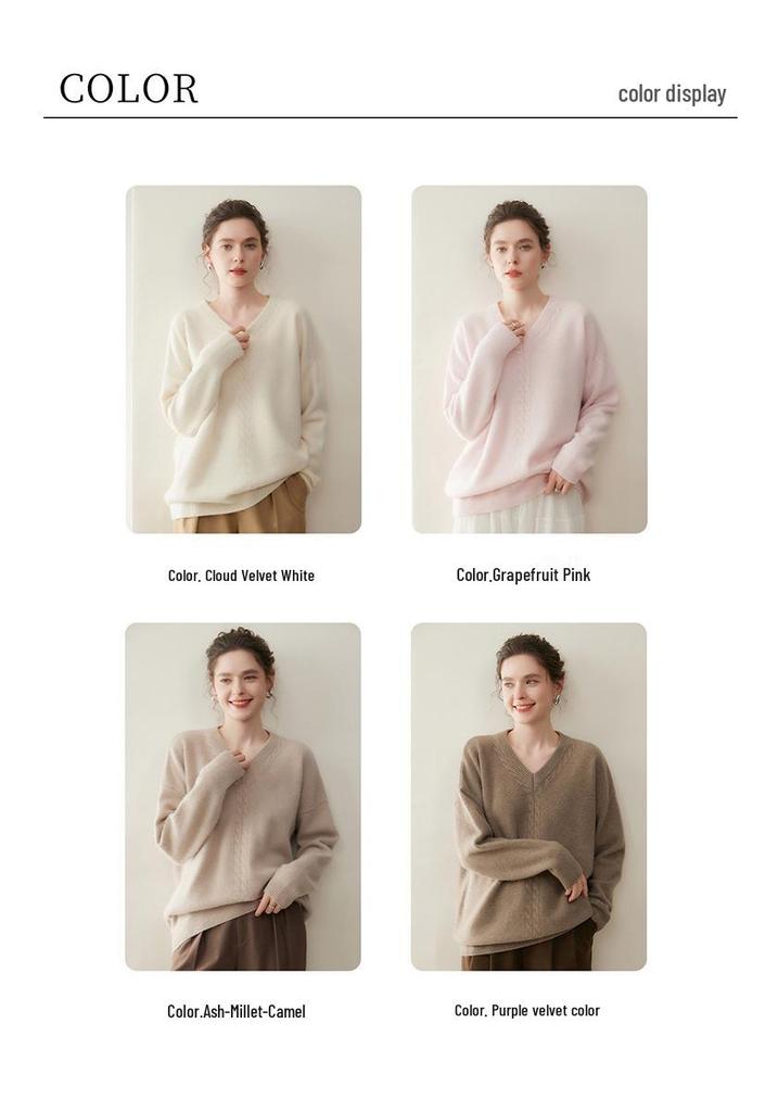 Women's V-Neck Cashmere Blend Pullover: Cozy Cable Knit Sweater for Autumn/Winter