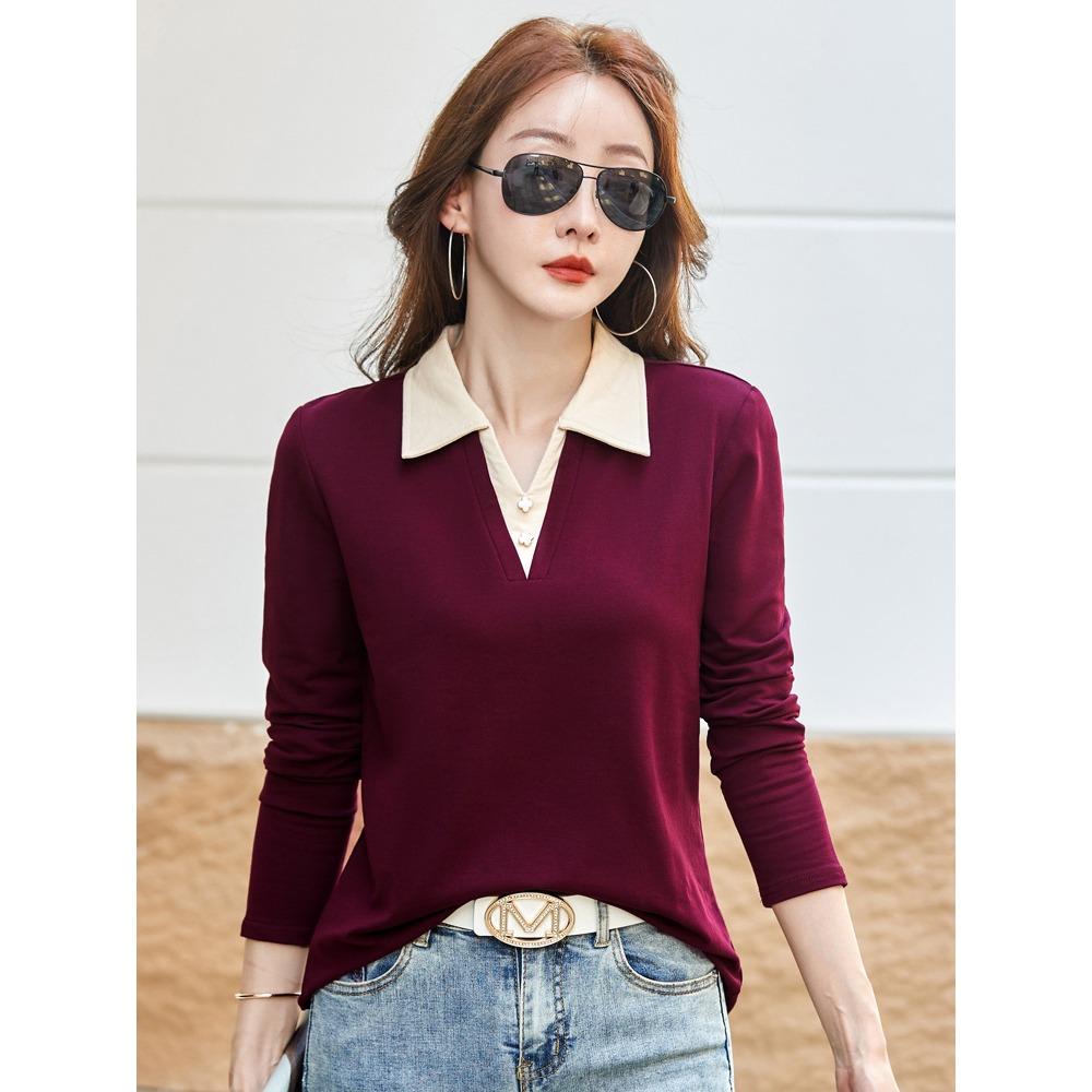 Autumn Winter Women's Long Sleeve T-Shirt Lapel Collar Casual Top