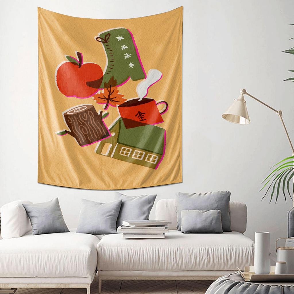 Autumn Cozy House Apple Boot Coffee Cup Wall Tapestry Machine Washable All Season Decor Print Fall Theme Design Home Quick Setup