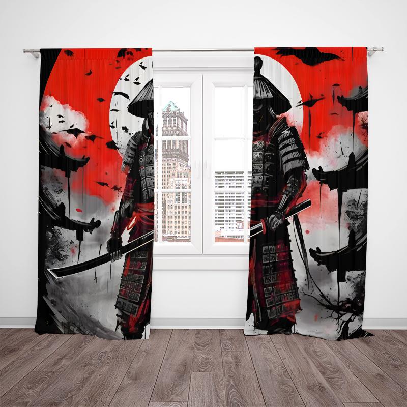 2pcs- Ukiyo-e Samurai Polyester Curtains, Pole Bag Curtains 42*84, Bedroom, Living Room, Home Room Decoration
