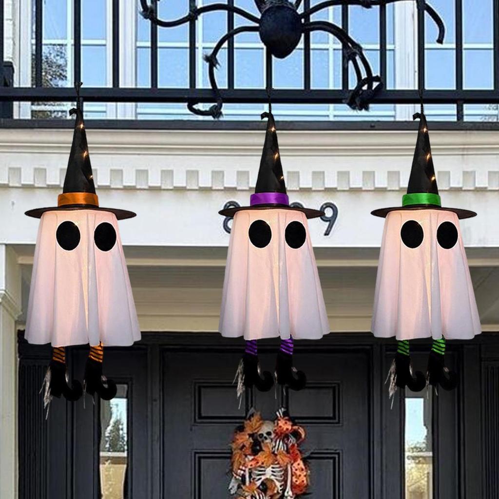 Halloween Decorations 3pcs Outdoor Hanging Luminous Ghost Witch Hat LED Light String Halloween Ghost Courtyard Garden Tree Decor