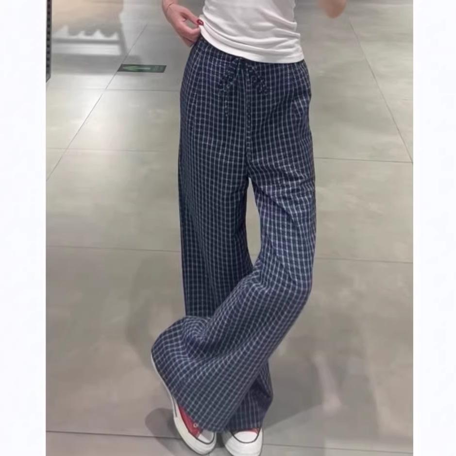 Blue Plaid Korean Style High-Waisted Wide-Leg Ruffle Pants for Women - 2026 Spring Collection XL