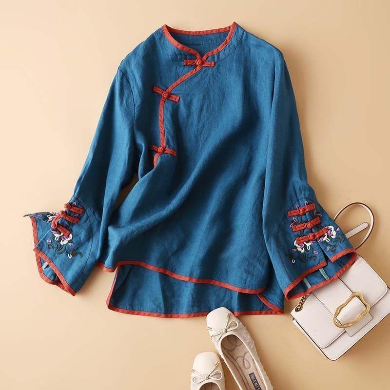 Women Chinese Style Linen Blouse Traditional Plate Buttons Embroidery Flare Sleeve Vintage Stand Collar Shirt 4XL синий