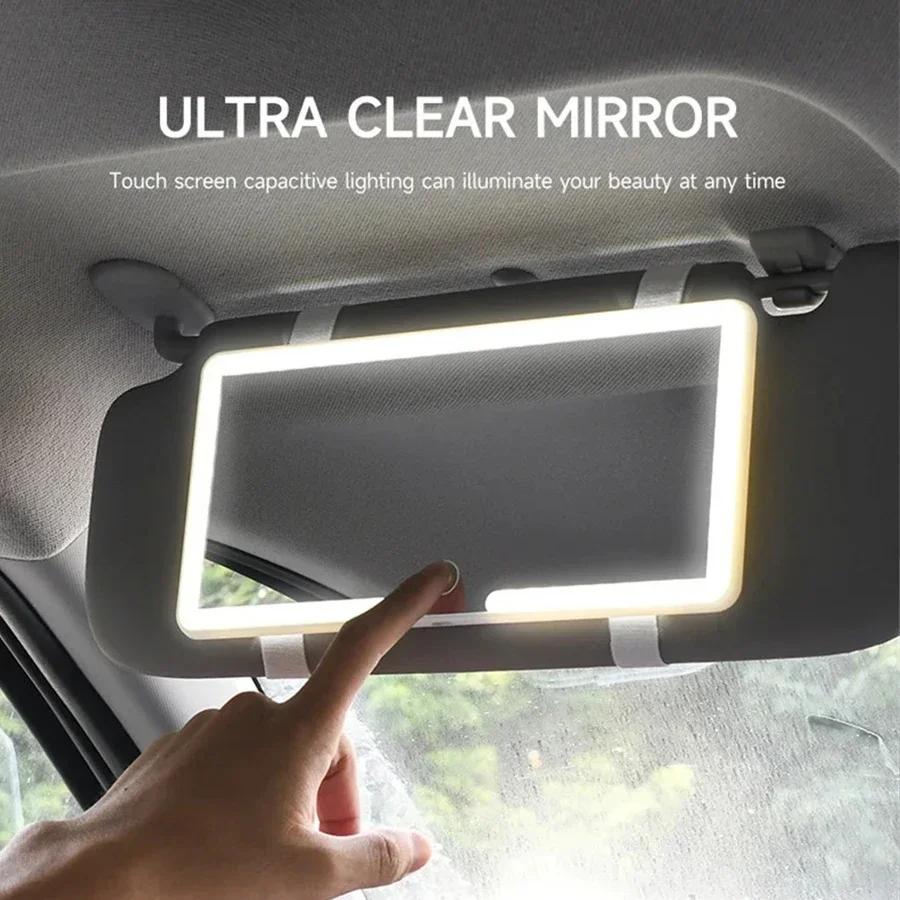 LED Car Vanity Mirror Rechargeable Sun Visor Makeup Mirror HD Dimmable Touch Screen 3 Light Modes Auto Interior Mirror