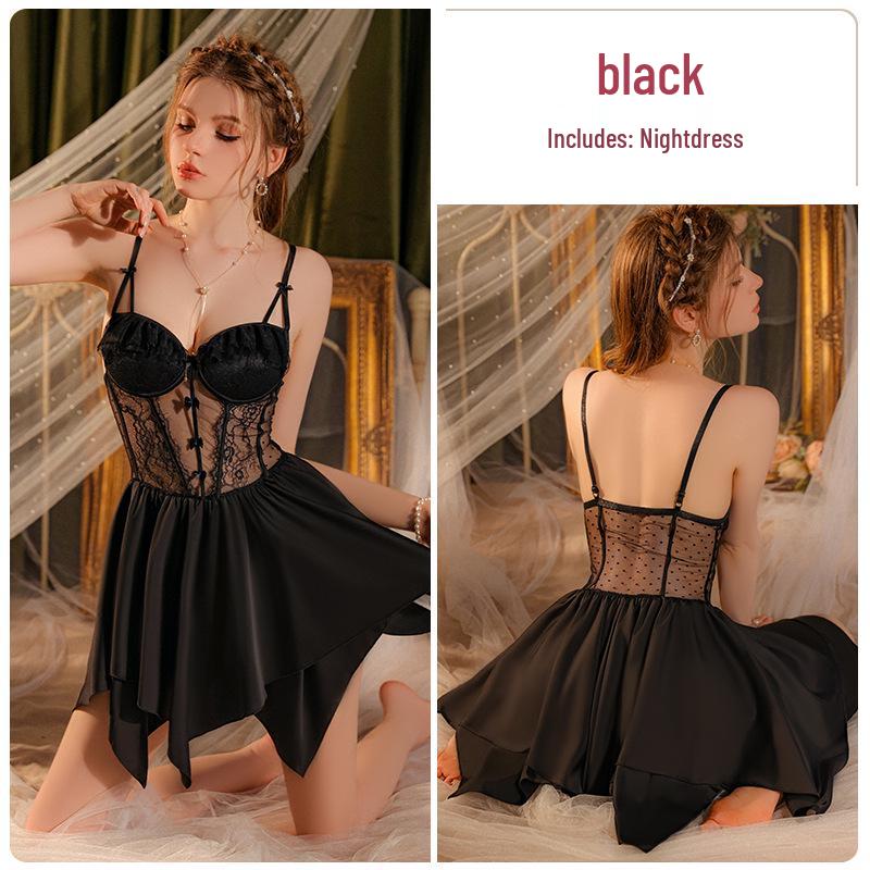 Guiruo Satin Lace Nightdress & Robe Set with Chest Pad