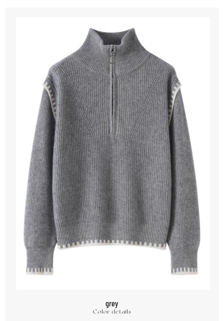 Women's Gray Half-Zip High Collar Cashmere Sweater - Color Block, Loose Knit Korean Style Base Layer