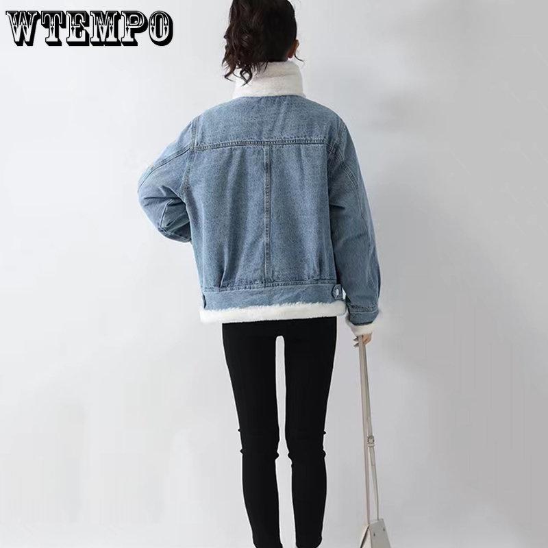 Winter Women Warm Fur Collar Denim Jackets Spliced Lapel Vintage Plush Zipper Parkas Girl's Casual Thick Coats Streetwear