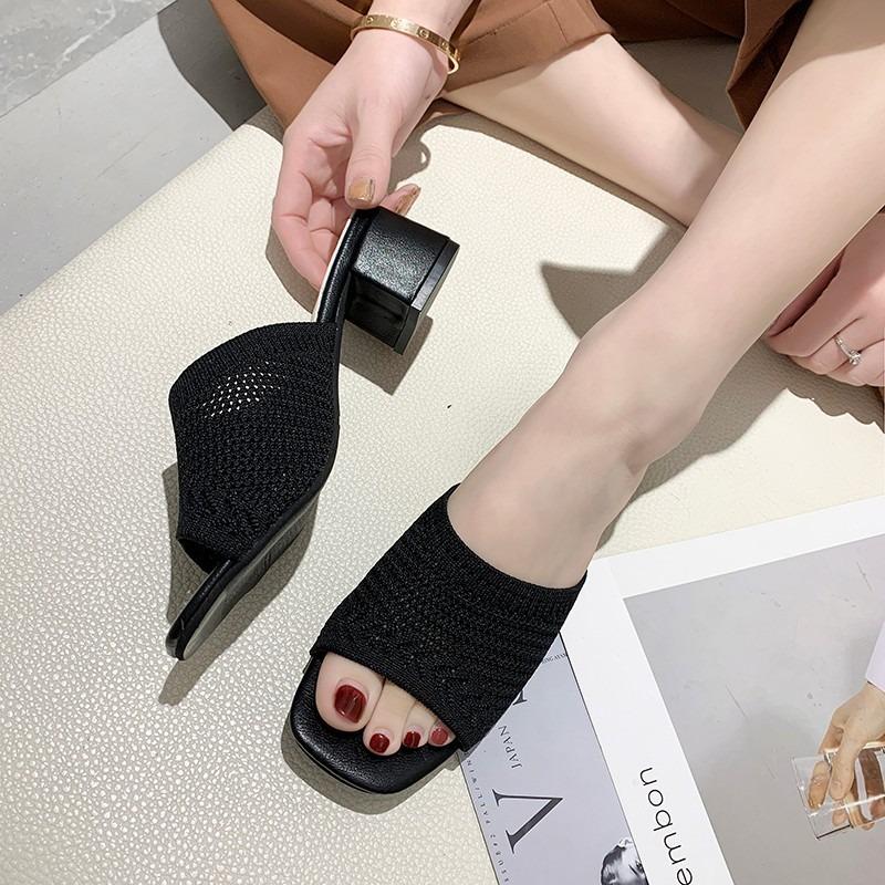 Medium Heel Cool Slippers Women's Summer New Fly-woven Outer Wear One-word Fashion Women's Cool Slippers