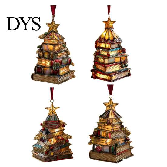 Decorative Xmas Ornaments for Fireplace Christmas Tree Book Ornament, Acrylic Shaped Stack Hanging Decoration Wall Decorations with Star Topper,