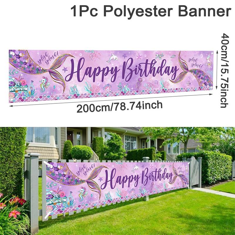 

Mermaid Happy Birthday Banner Under the Sea Girls Party Decoration Background Photo Large Ocean Mermaid Birthday Party Supplies