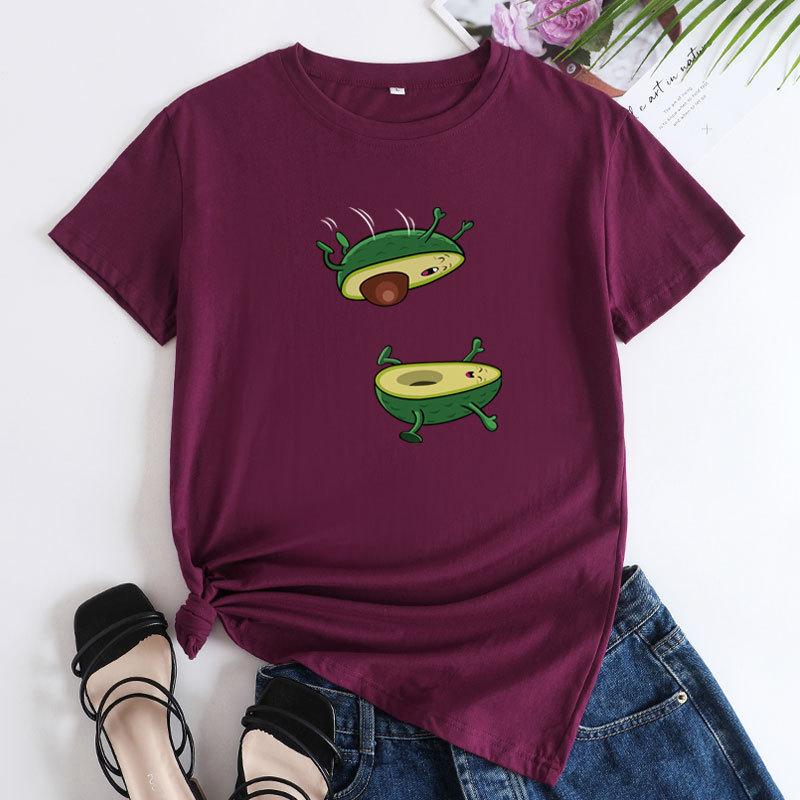 Seasonal Round Neck Avocado Pattern Printed Top Fashionable Casual Short Sleeved Women's Pure Cotton T-shirts