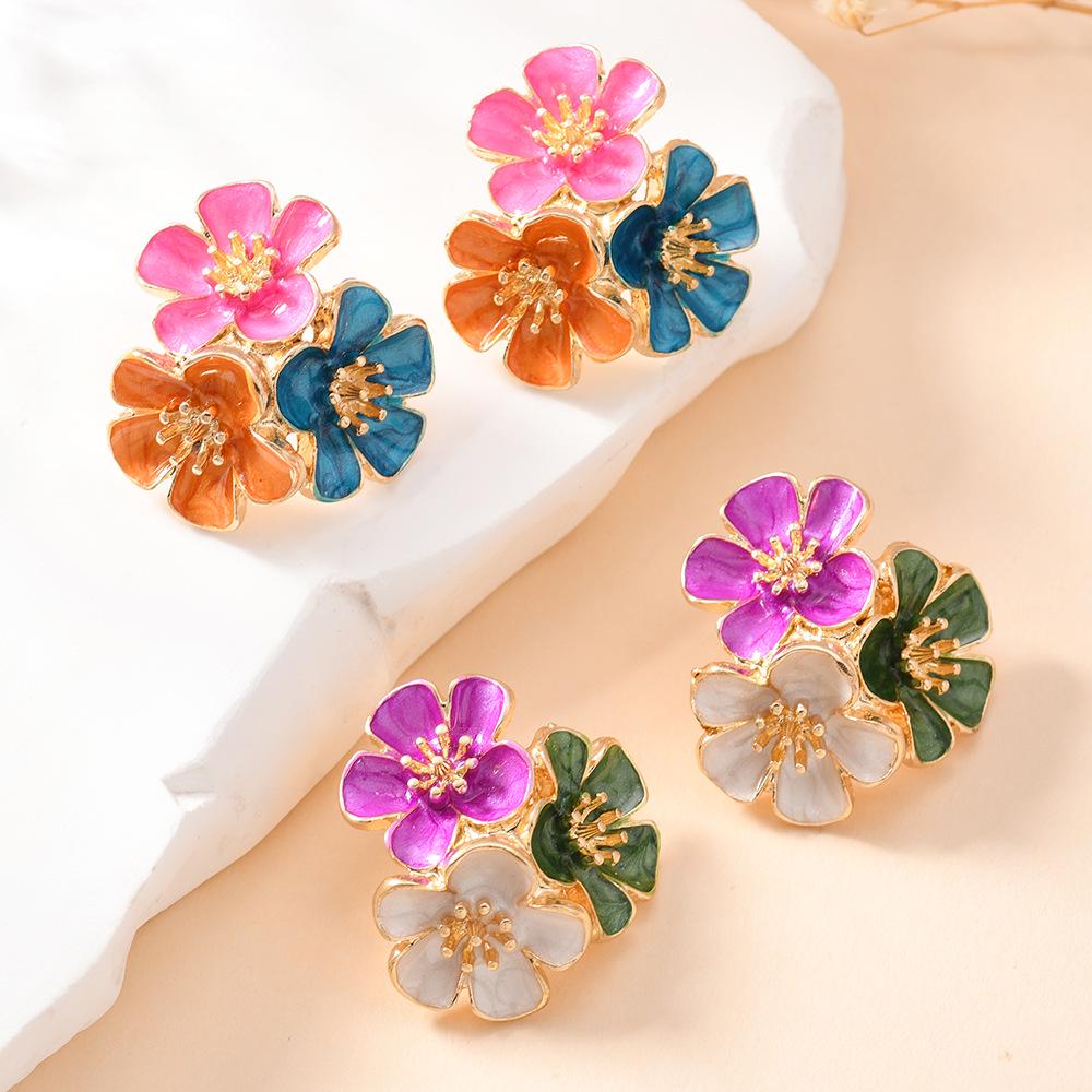 European & American Floral Stud Earrings - High-end, Colorful Drip Oil Design, Versatile Women's Accessories
