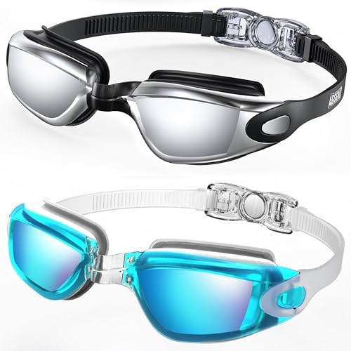 Aegend Swim Goggles 2-Pack No Leaking Anti-Fog UV Protection Mirrored Adult Men Women Wide View Outdoor