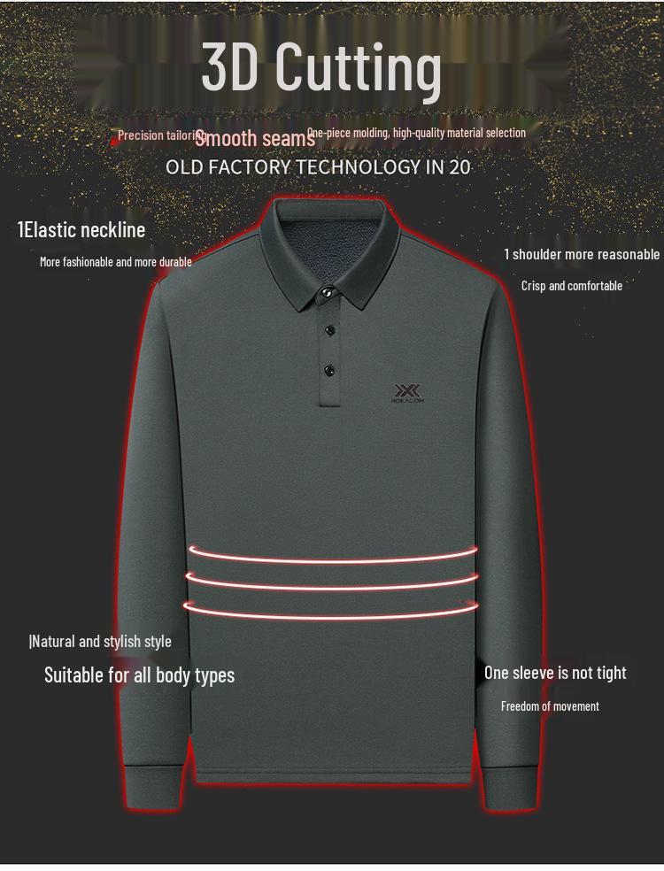 Men's Winter Long Sleeve Polo with Mulberry Silk Lapel, Fleece-Lined, Thickened Business Casual Shirt