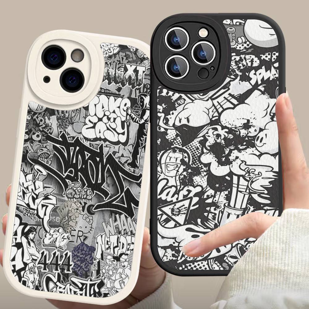 Coole Schwarze Graffiti Handyhülle Hartleder Für iPhone 16 15 14 13 12 Mini 11 14 Pro Max Xs X Xr 7 8 Plus Fundas