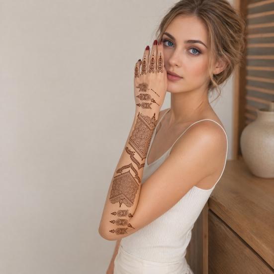 Henna Tattoo Stickers, Red Brown Waterproof Lace Temporary Tattoos, Indian Mehndi Body Art for Women Girls, Festival Makeup
