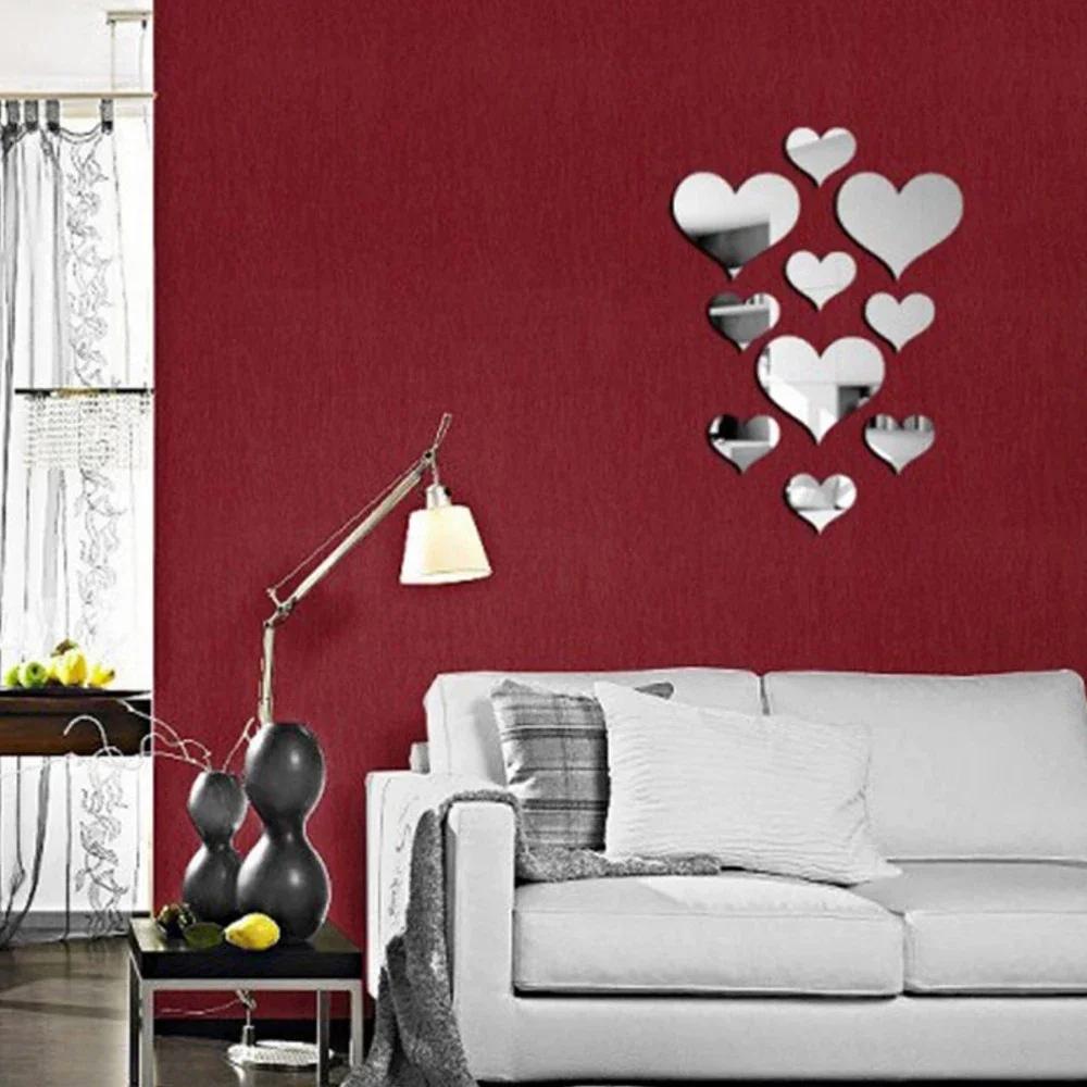 10Pcs Wall Stickers Removable Heart Wall Stickers for Home Decor Love Mirror Decals Mural Art Bedroom Furniture Decoration