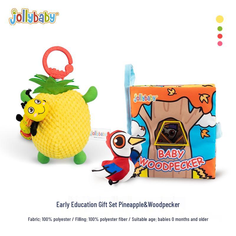 

Подарочный набор для новорожденных JollyBaby: Мягкая детская тканевая книжка и успокаивающая мобильная игрушка для кроватки на фруктовую тематику.