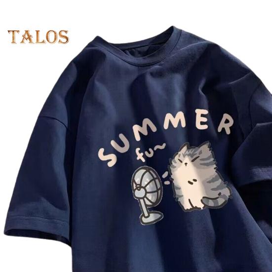 Tricou de primăvară vară pentru femei, cu decolteu O, cu mânecă scurtă, cu model de pisici de desene animate