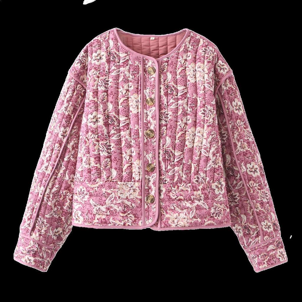 European & American Women's Floral Cotton Cardigan Jacket with Round Neck