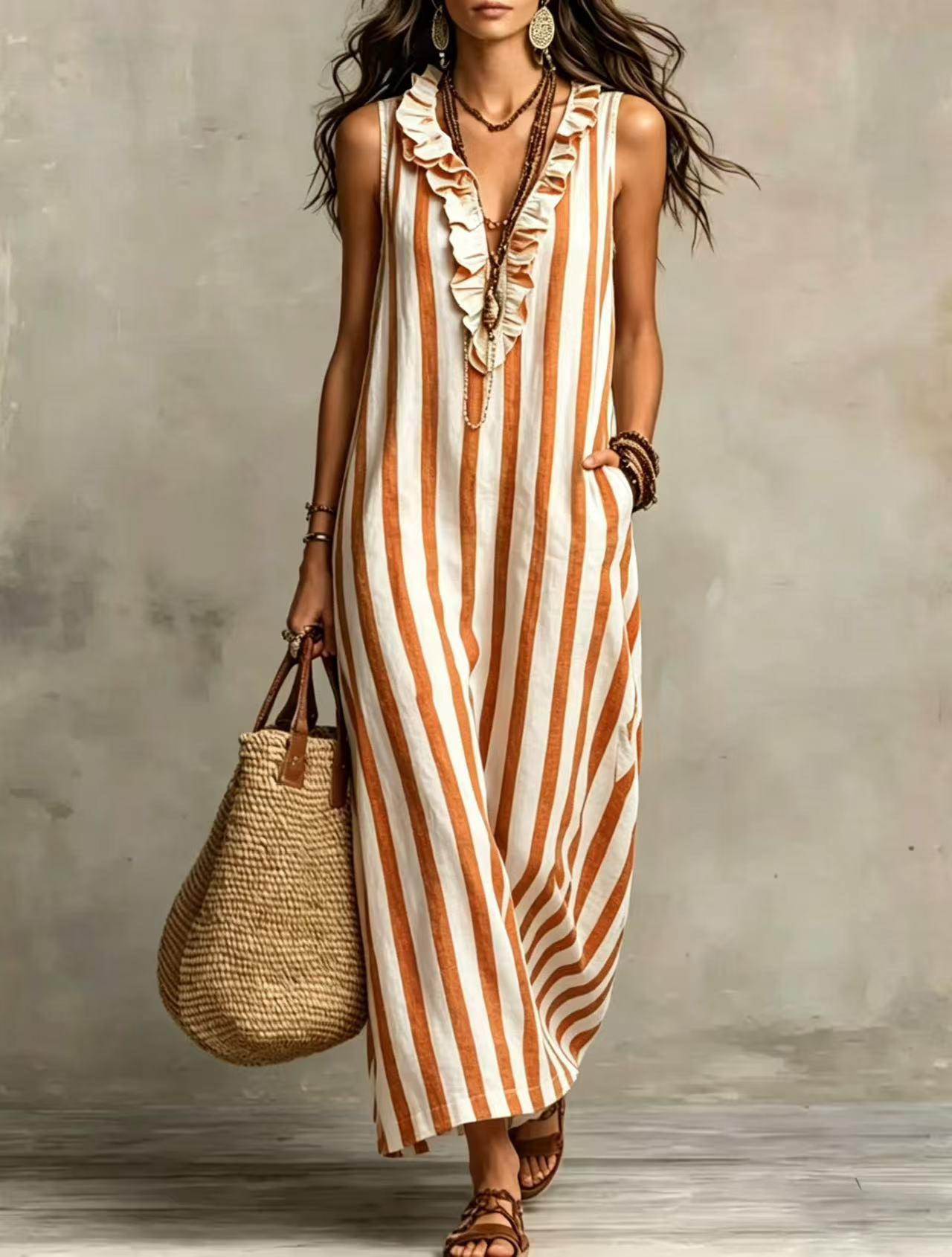 Summer new bohemian vertical striped V-neck edge pocket sleeveless linen dress S оранжевый