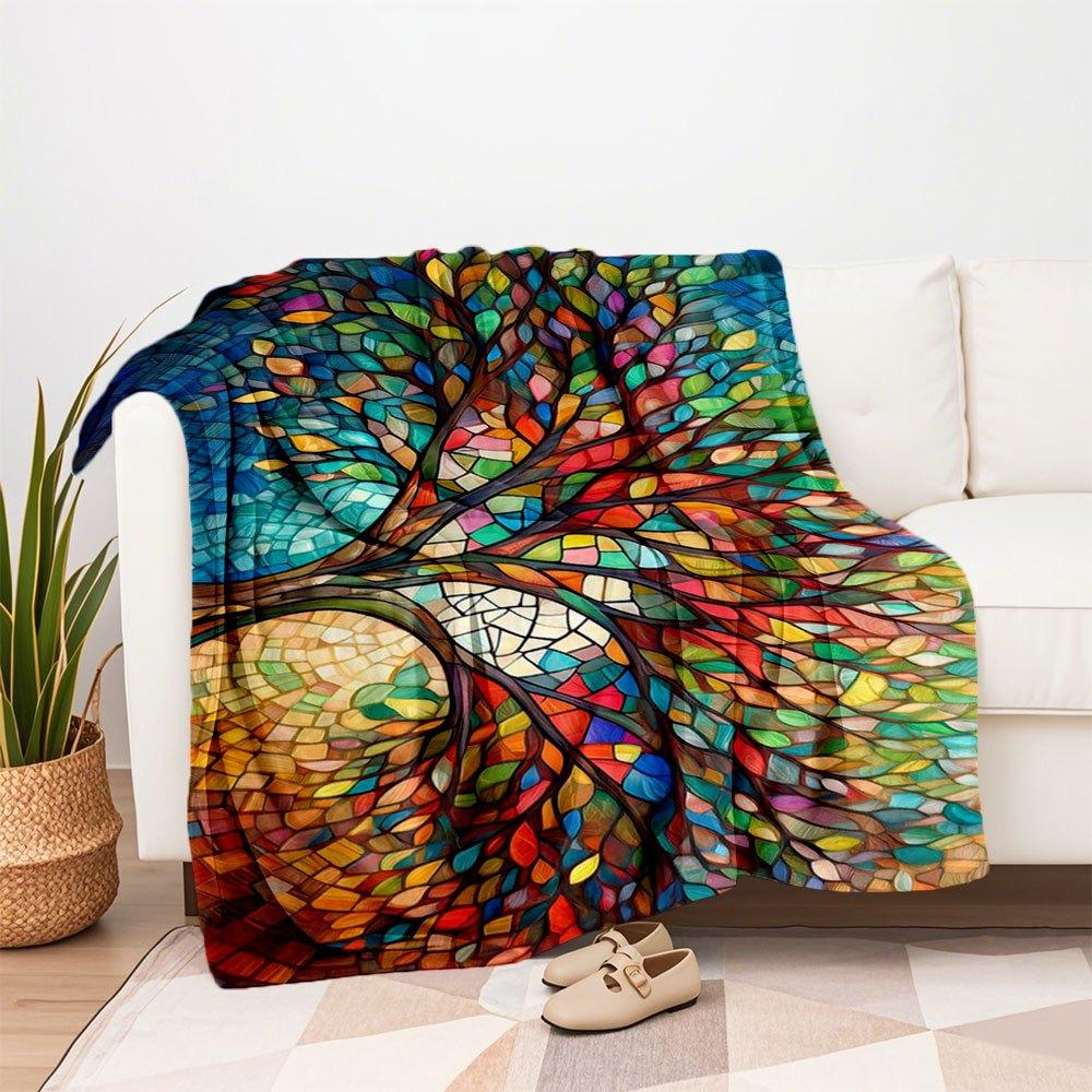 "Colorful Stained Glass Tree Wall Art Print"Blanket Flannel Throw Blanket for Sofa, Bed, Travel, Camping, Office, Couch, Chair, And Bed Gift