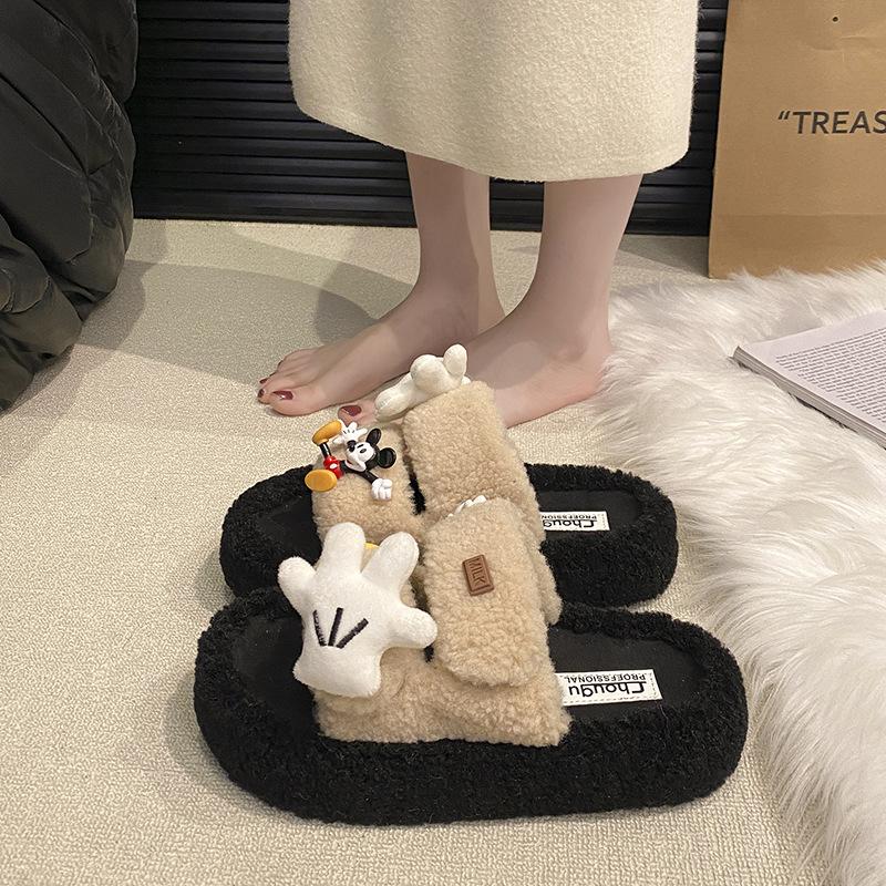 Fashion Soft and Cute One-word Fluffy Shoes for Women To Wear Outside 2025 Autumn and Winter New Thick-soled Cotton Slippers Cotton Slippers