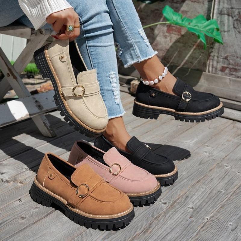 Women Suede Platform Loafers Chunky Heel Retro British Style Casual Shoes