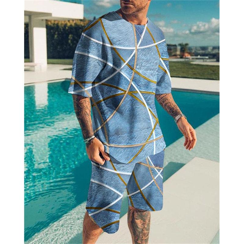 Men's Summer Suit Line Print Simple Sport Splicing Trend T-shirt Loose Casual Suit Short Sleeve Shorts Men's Summer Suit