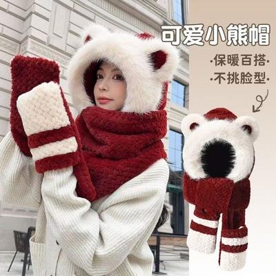 New Color Matching Bear Hat Scarf Gloves Integrated Girls Season Cute Warm Plush Thickened Ear Hat